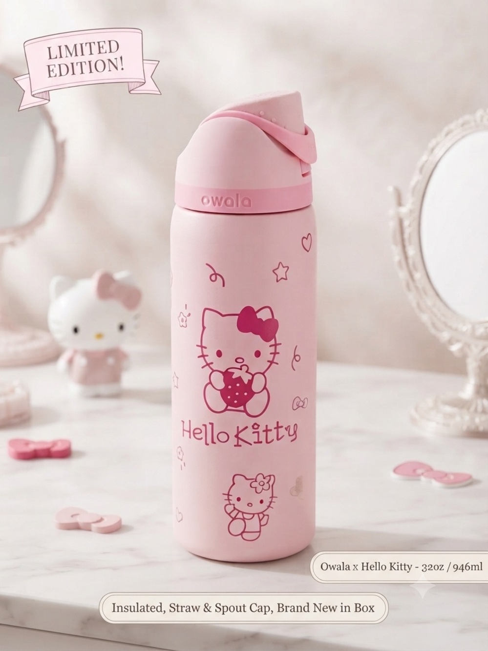 Owala Pink Insulated 32 oz Water Bottle Hello Kitty